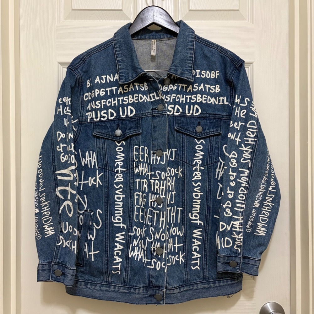 American Bazi Denim Trucker Jacket Small Graffiti Punk Abstract Y2K Streetwear